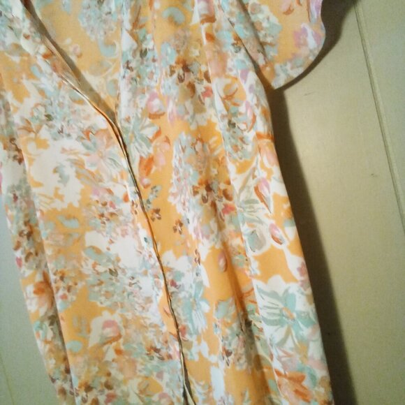 Rose & Olive Blouse Women L Short Sleeve Button Up Feminine Floral Orange Green - Picture 7 of 13